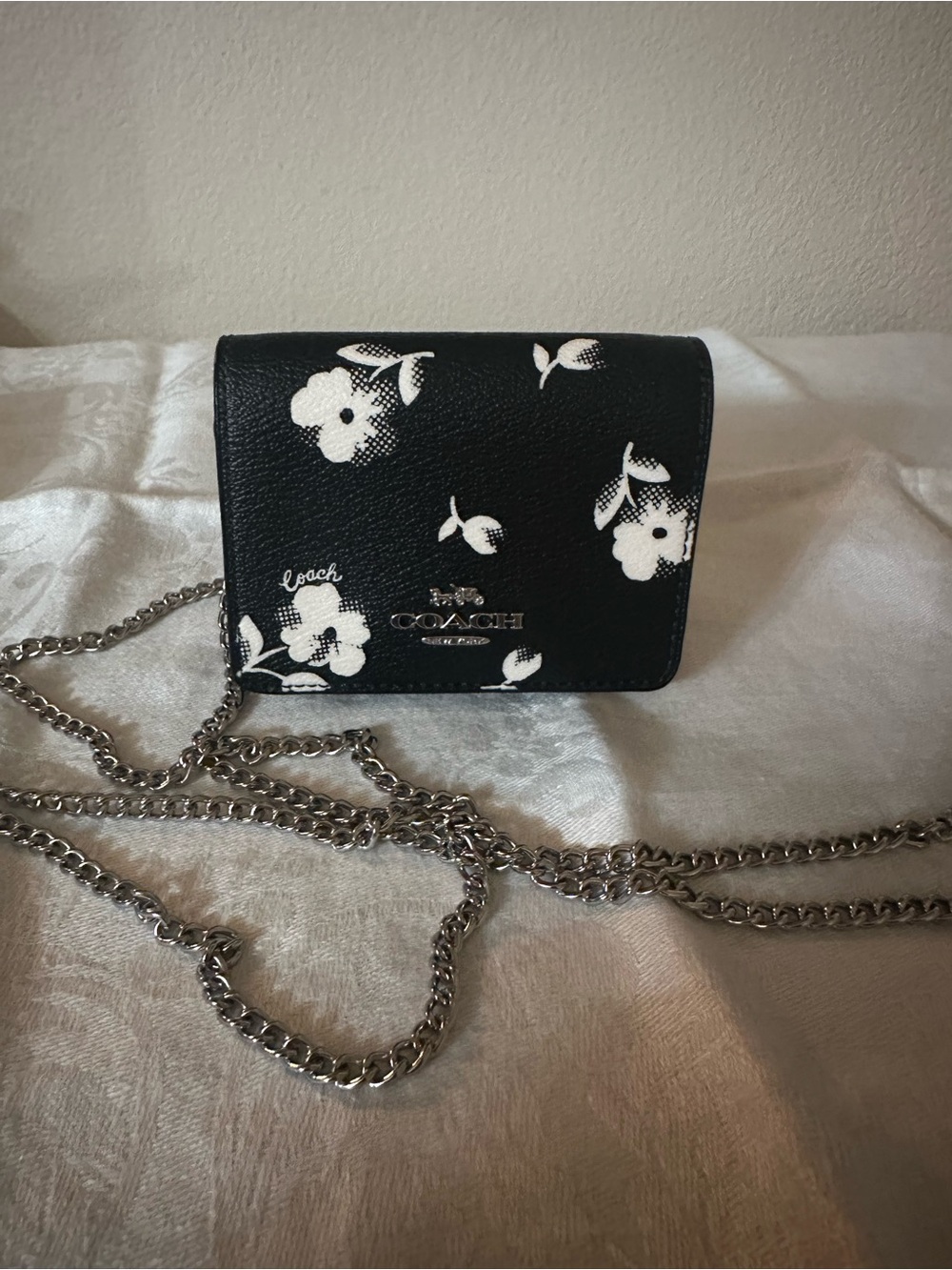 Coach Black Floral Crossbody with Silver Chain Strap